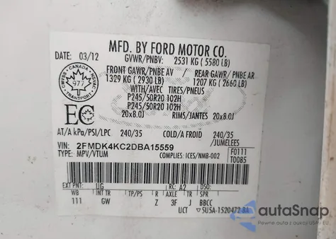 2013 Ford Edge Limited из США, поврежденный, VIN 2FMDK4KC2DBA15559